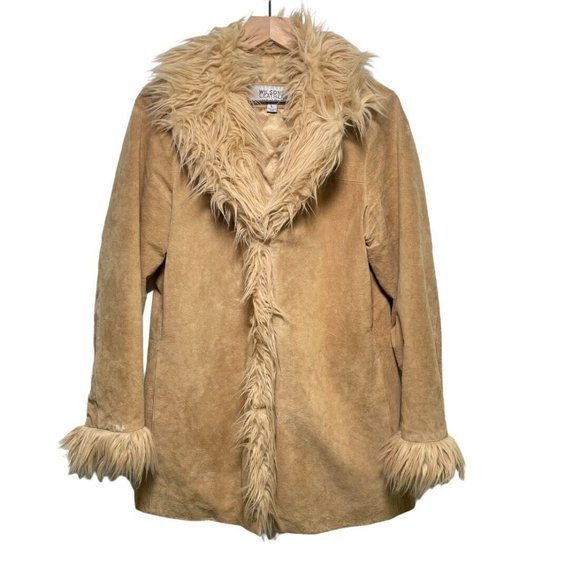 Wilsons Leather Jackets & Blazers - Vintage Wilson's Suede Leather Tan Faux Fur Trim Boho Y2K Coat Jacket Large JLO